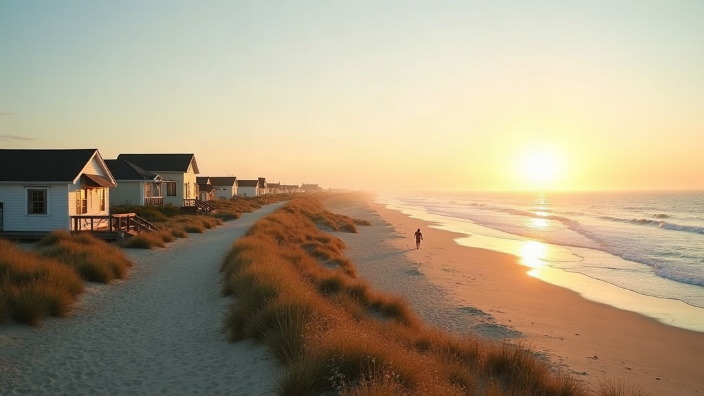 Balneario tranquilo de la Costa Atlántica con cabañas y playa amplia al atardecer