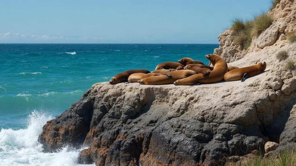 Lobos marinos descansando sobre las rocas en la reserva Punta Loma, Puerto Madryn