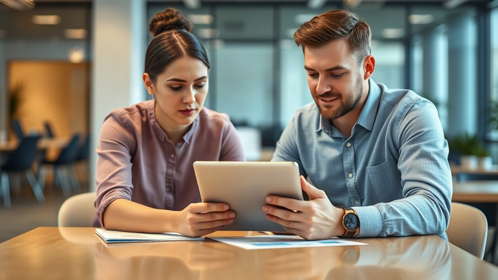 Dos personas revisando información sobre inteligencia artificial en una tablet