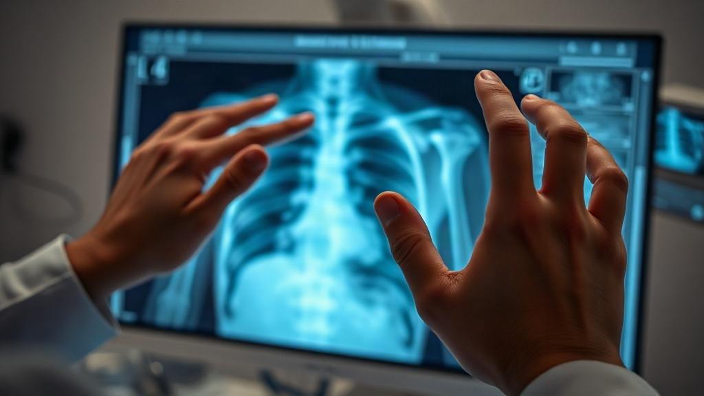 Radiólogo revisando una radiografía de tórax con zonas marcadas por el algoritmo