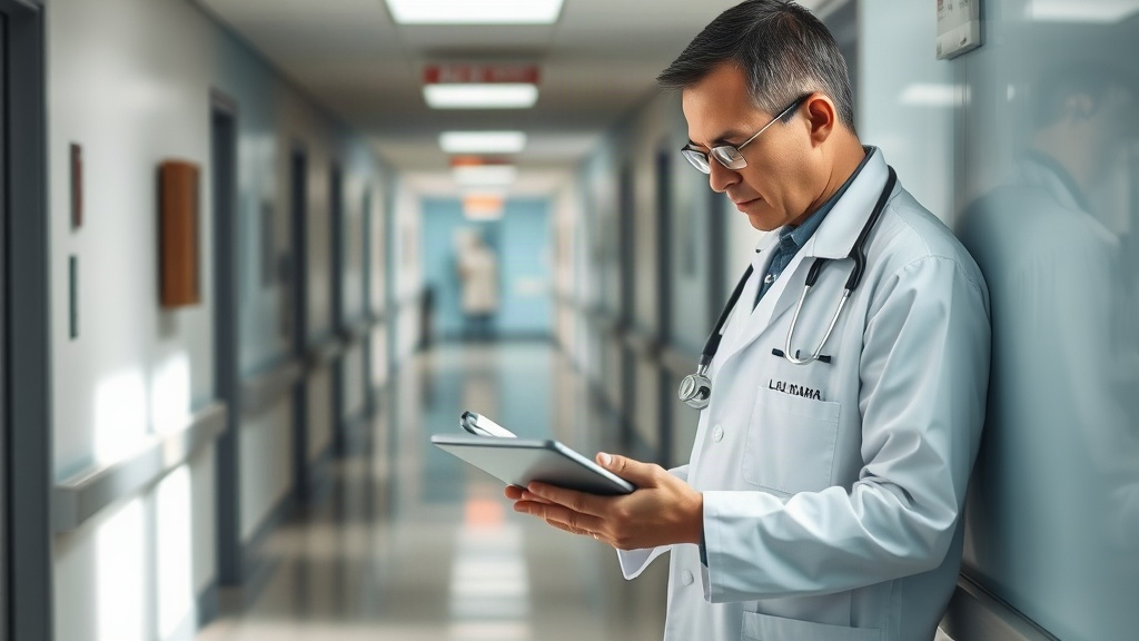 Profesional de la salud dictando notas clínicas en una tablet dentro de un hospital