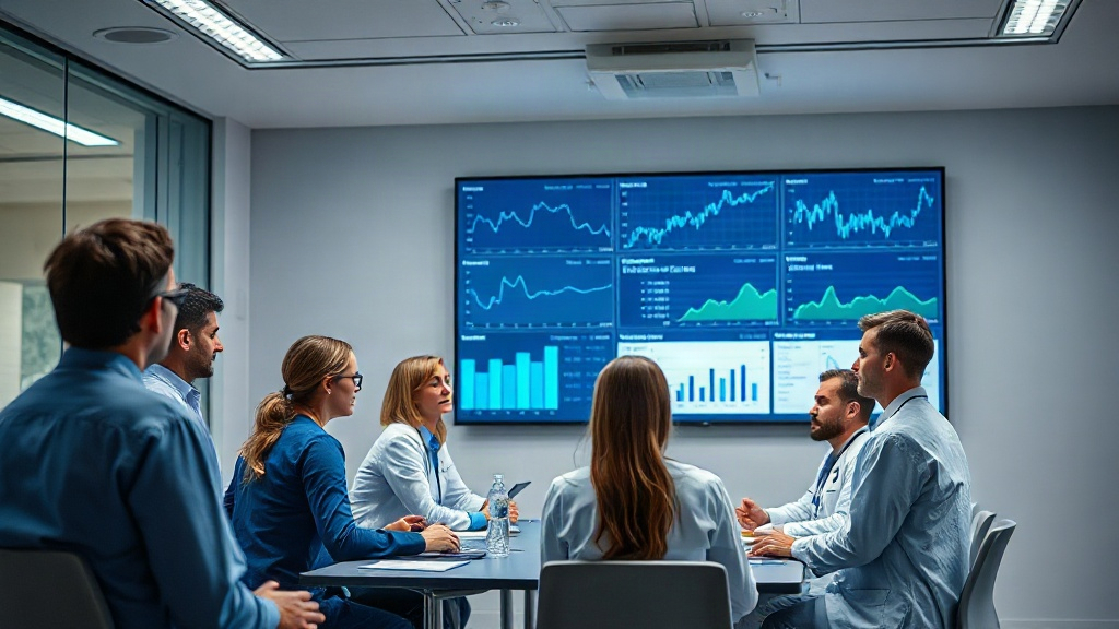 Equipo médico analizando paneles de datos clínicos en una reunión de hospital