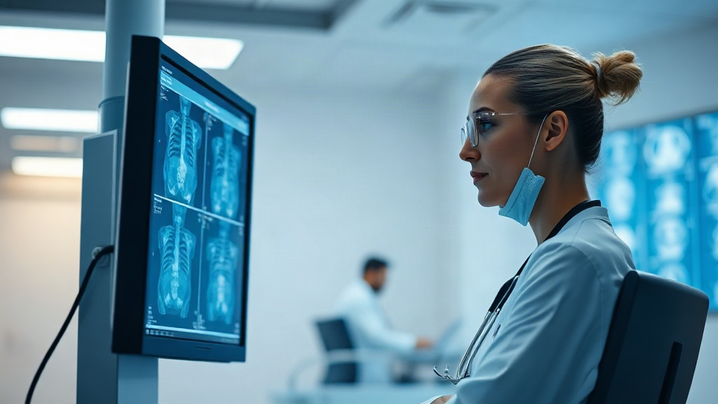 Médica revisando estudios de diagnóstico en una pantalla con apoyo de inteligencia artificial