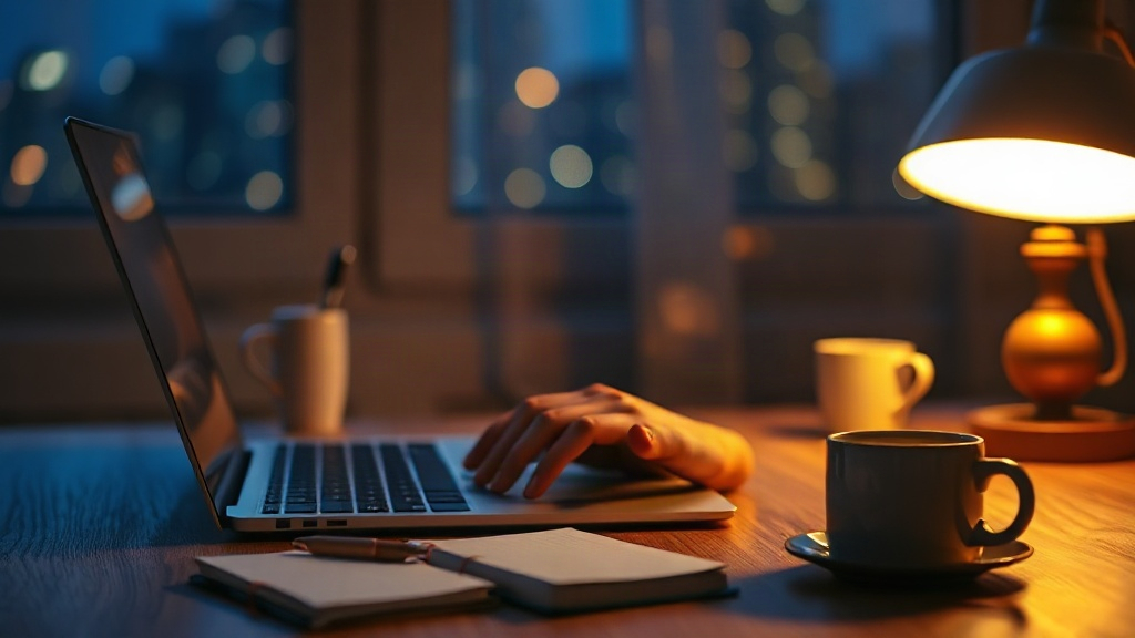 persona escribiendo en una computadora portátil de noche con una lámpara de escritorio