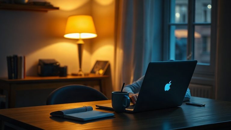 Persona escribiendo en una computadora portátil en un escritorio iluminado por una lámpara
