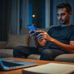 Persona usando una aplicación de inteligencia artificial en el celular desde el living de su casa
