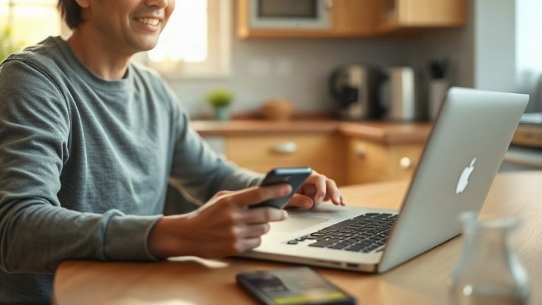 Persona usando un asistente de inteligencia artificial desde el celular y la computadora en su casa