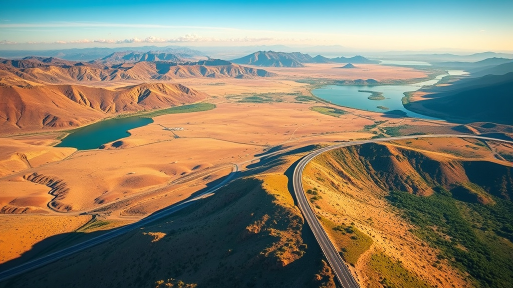 Vista aérea de un camino que atraviesa paisajes diversos de Argentina, de la montaña árida a la región de lagos