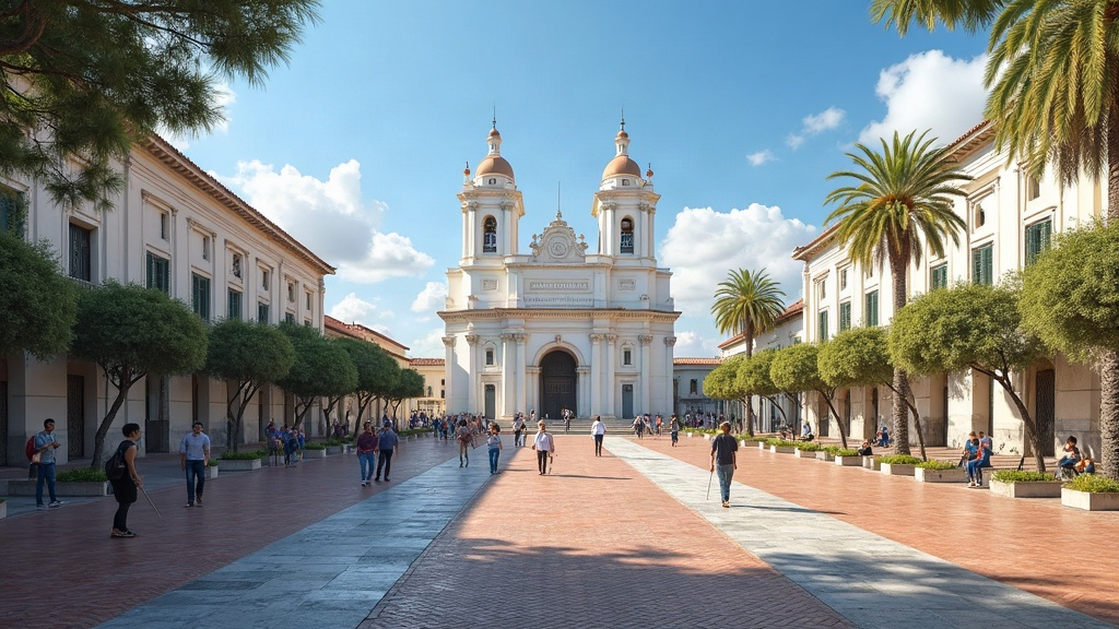 Plaza histórica argentina con edificios coloniales, arcadas y personas caminando