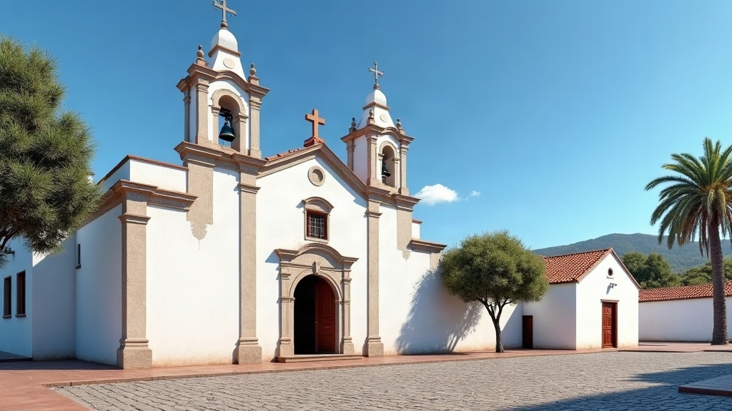 Iglesia colonial de paredes blancas y campanario frente a una plaza argentina
