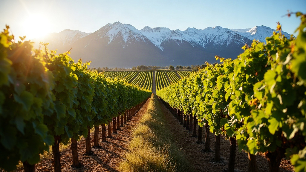 Viñedos en Mendoza con la cordillera de los Andes nevada de fondo