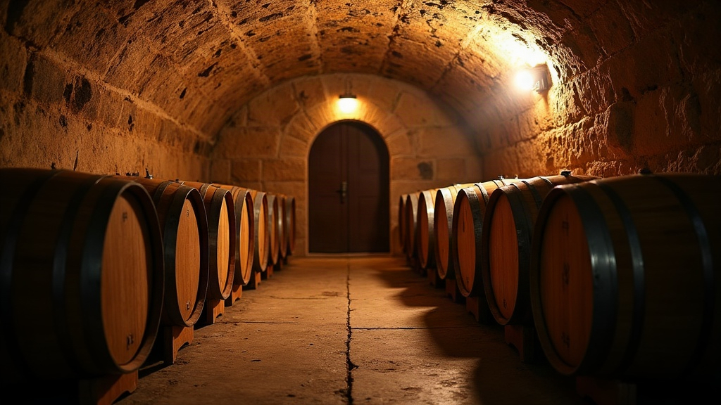 Barricas de vino añejando en una cava subterránea de una bodega argentina