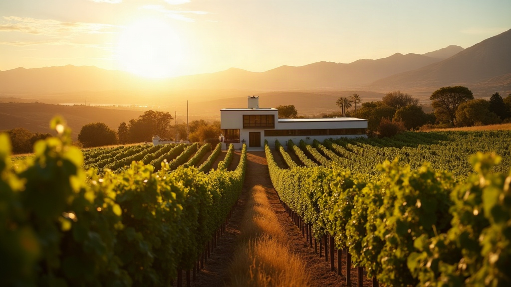 Viñedo y bodega en Argentina con la cordillera de los Andes de fondo al atardecer