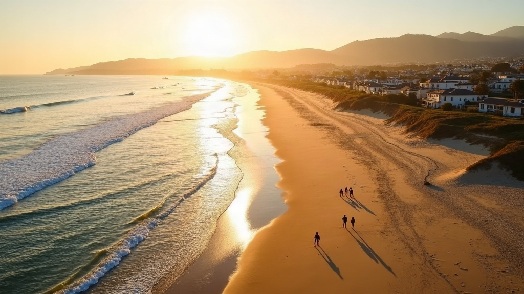 Vista aérea de una playa de la costa atlántica bonaerense al atardecer, con familias caminando cerca de la orilla