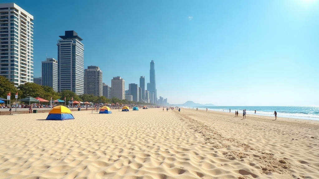 Playa urbana con rambla y balnearios en Mar del Plata, Costa Atlántica argentina