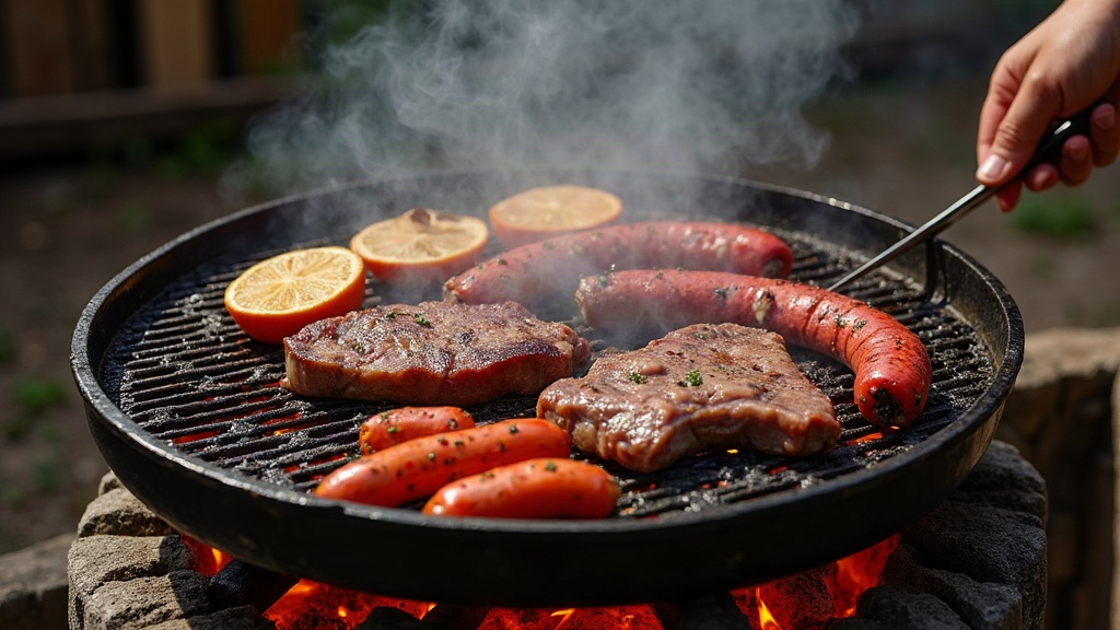 Asado argentino cocinándose a las brasas en una parrilla rural