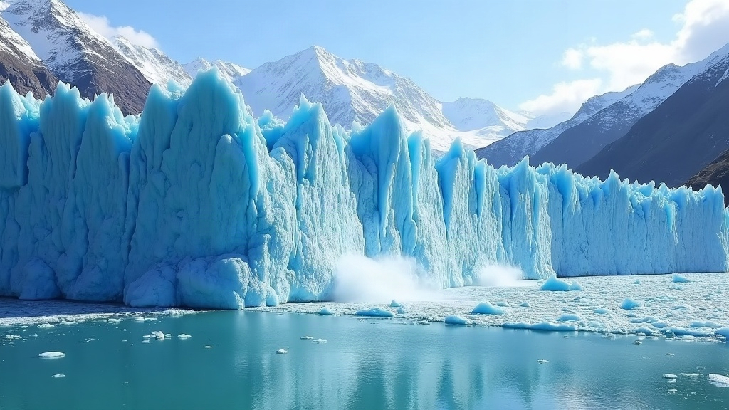 Pared de hielo del glaciar desprendiéndose sobre un lago turquesa en la Patagonia