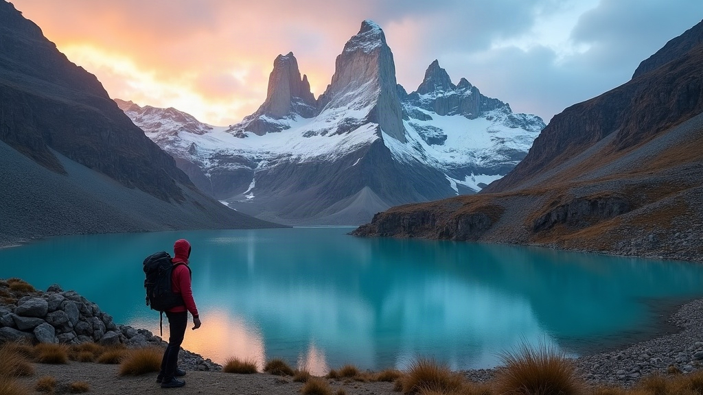 Trekking frente al Monte Fitz Roy en El Chaltén, Patagonia argentina