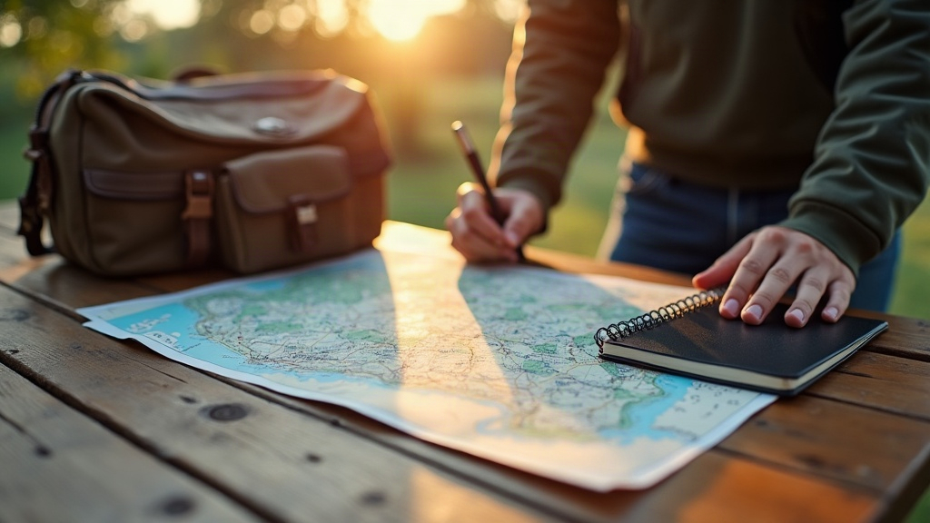 Persona planificando un viaje por Argentina con mapa, cámara y cuaderno