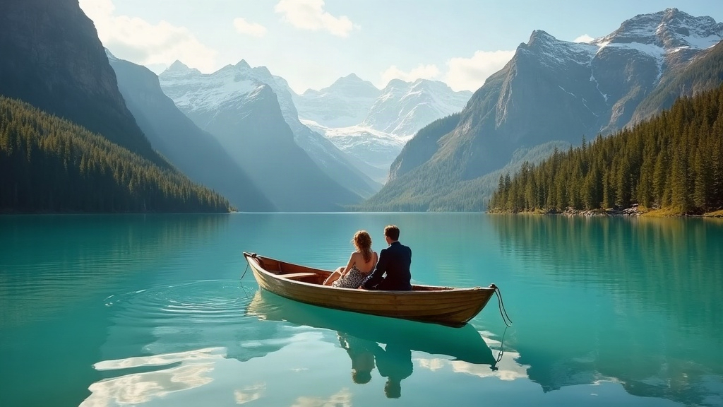 Pareja en una lancha sobre un lago turquesa rodeado de bosque patagónico y montañas nevadas