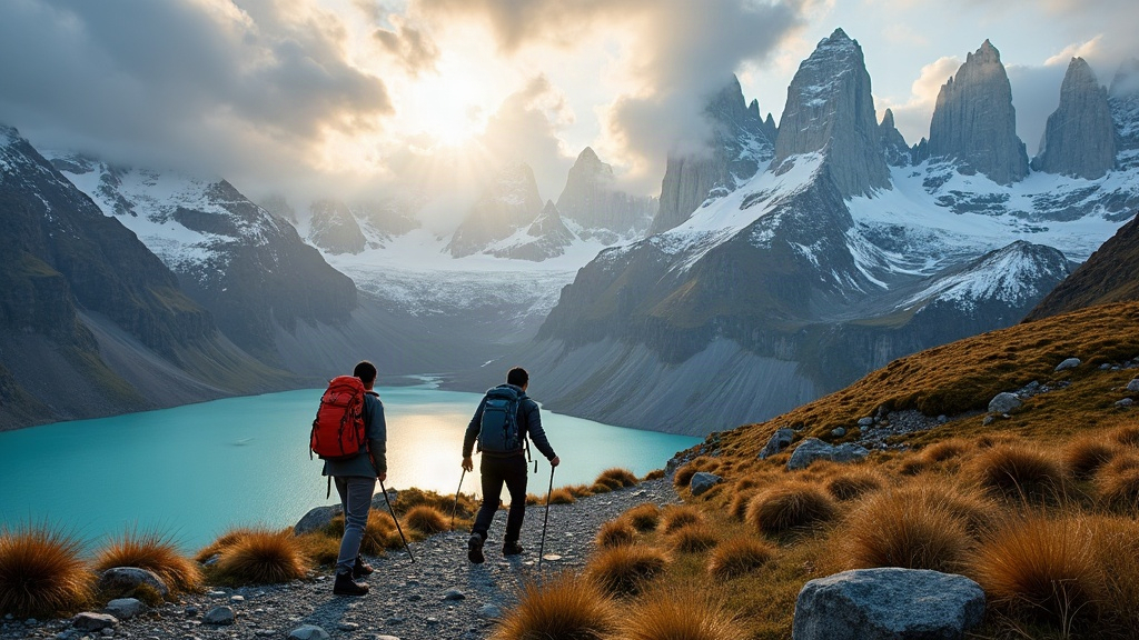 Montañistas con mochilas caminando hacia las cumbres nevadas del Fitz Roy en la Patagonia argentina