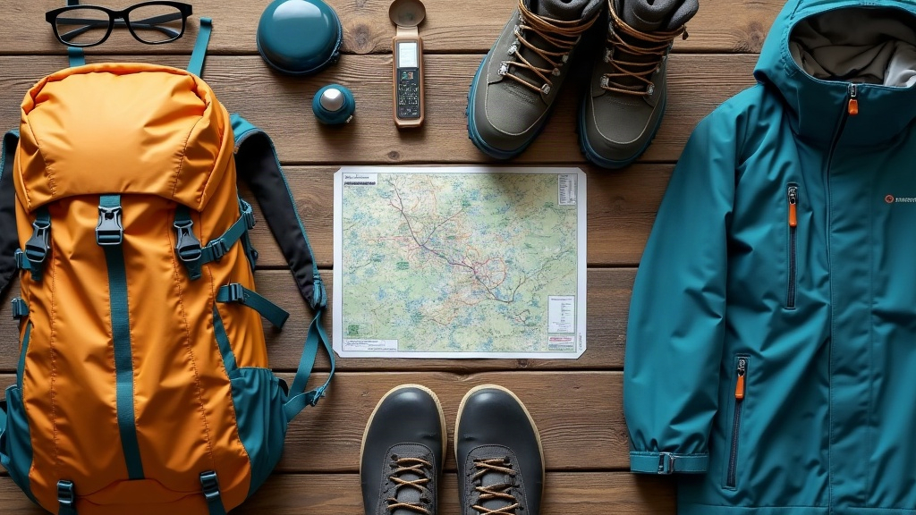 Equipo de trekking y aventura listo para un viaje: mochila, botas, campera impermeable y brújula