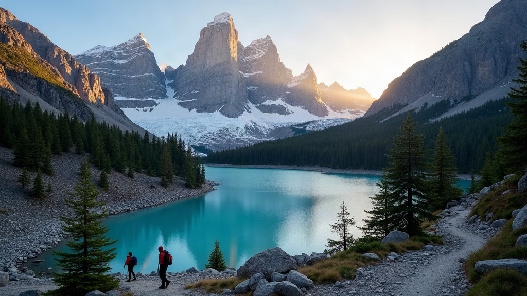 Amanecer en el cerro Fitz Roy con una laguna glaciar turquesa en primer plano