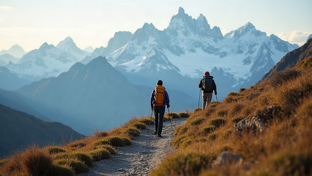 Personas haciendo trekking en la Patagonia argentina con montañas nevadas de fondo