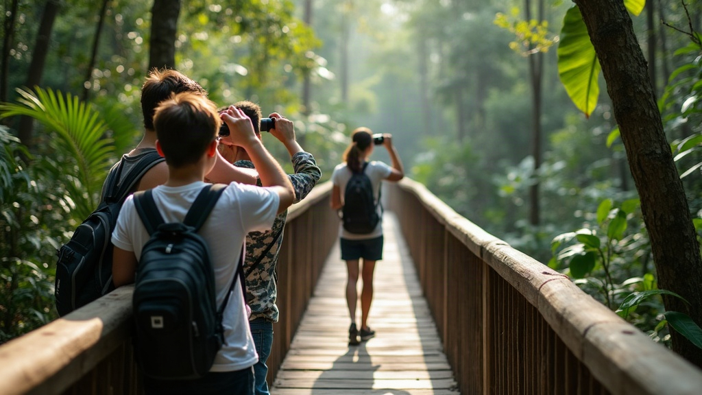 Grupo de visitantes observando fauna con binoculares desde una pasarela en la selva misionera