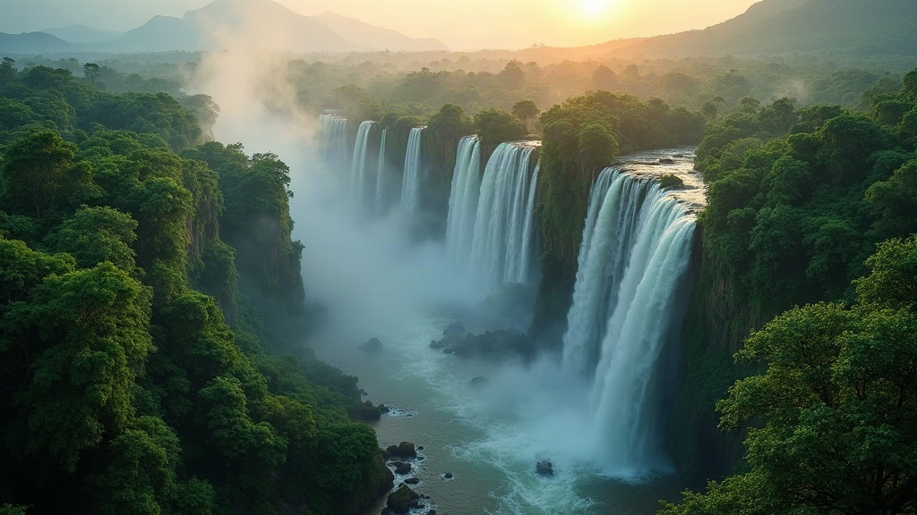 Vista aérea de una gran cascada rodeada de selva subtropical con niebla y luz de la mañana