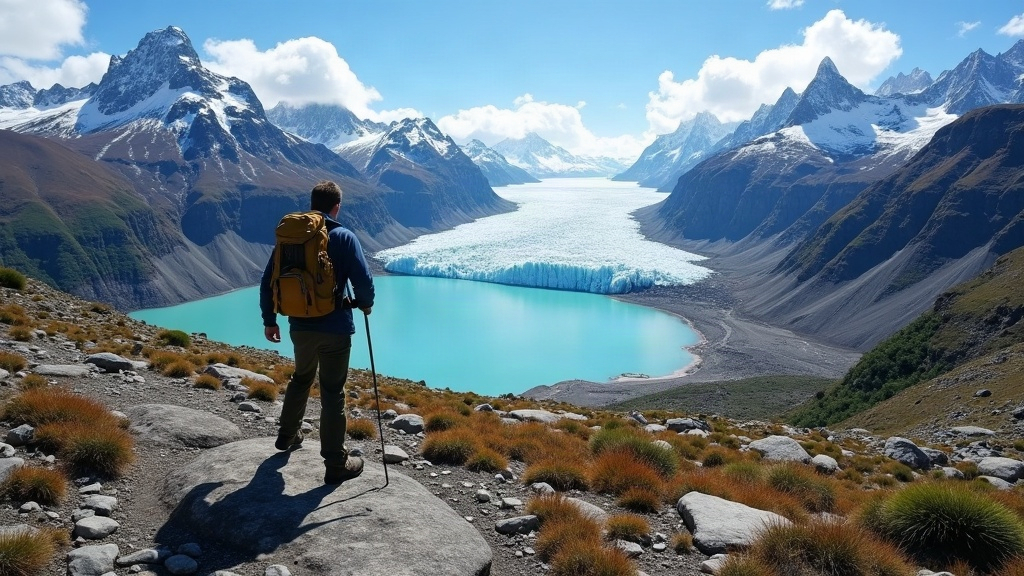 Excursionista en un sendero de roca frente a un glaciar y un lago turquesa en la Patagonia