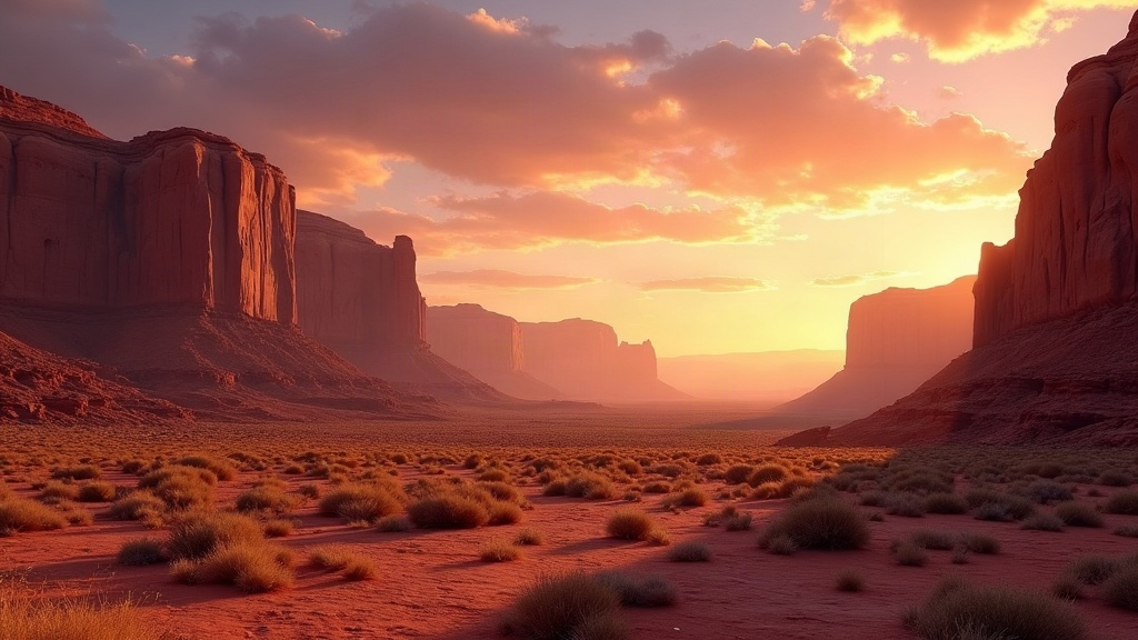 Formaciones de roca roja en un cañón desértico al atardecer