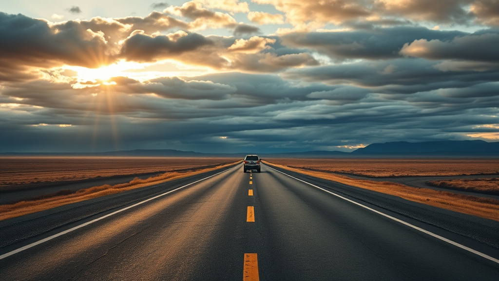 Ruta patagónica al atardecer durante un viaje en auto por Argentina