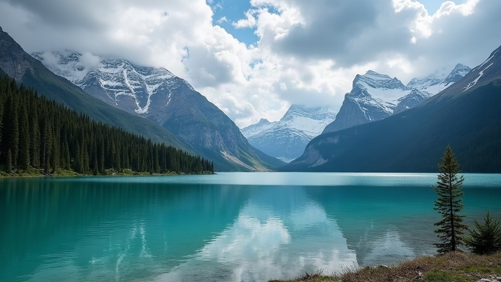 Lago turquesa rodeado de bosque nativo y montañas nevadas en la Patagonia andina