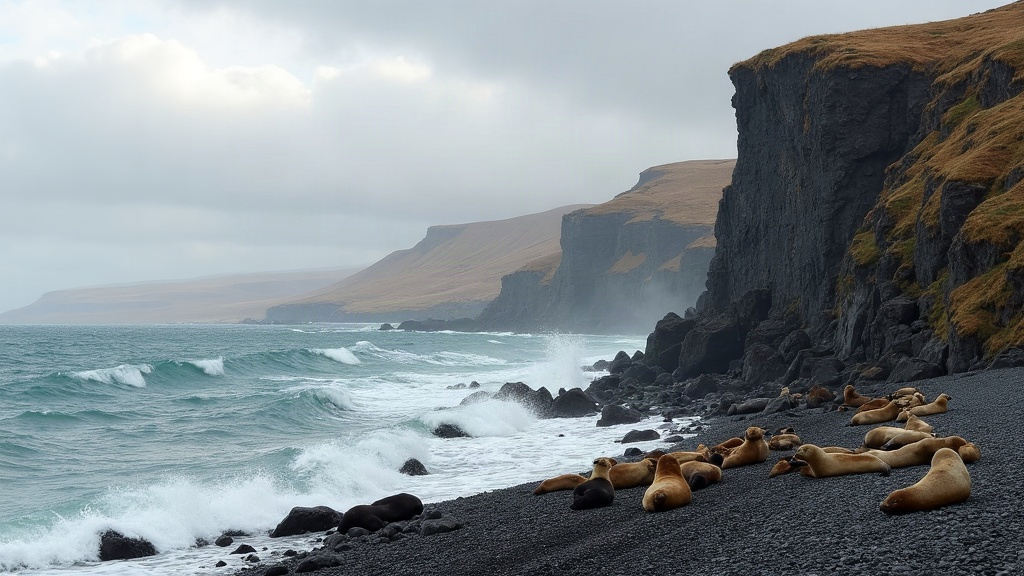 Acantilado de la costa atlántica patagónica con lobos marinos y estepa de fondo