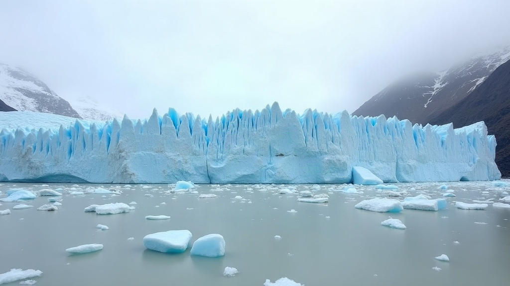 Pared de glaciar azul desprendiéndose sobre un lago de agua lechosa