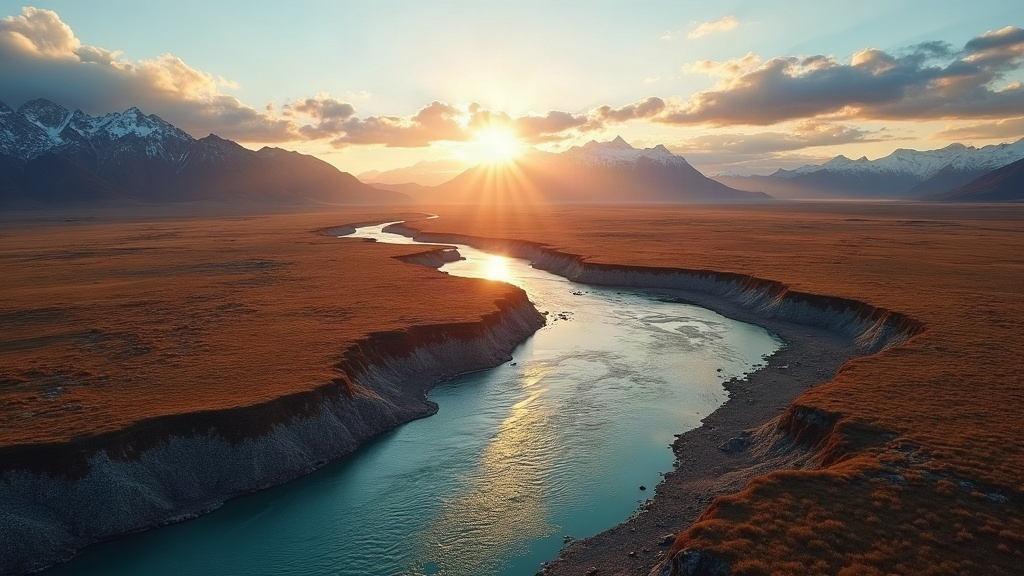 Paisaje patagónico con estepa, un río turquesa y montañas de granito al atardecer