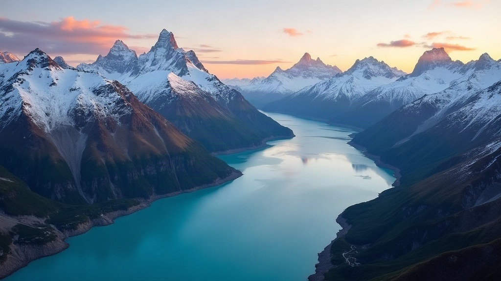 Paisaje patagónico con lago glaciar turquesa y montañas nevadas de los Andes al amanecer