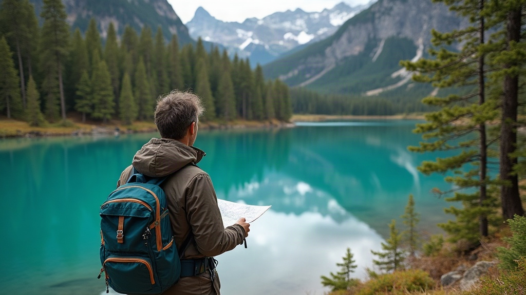Viajero con mochila consultando un mapa junto a un lago turquesa rodeado de bosque nativo patagónico