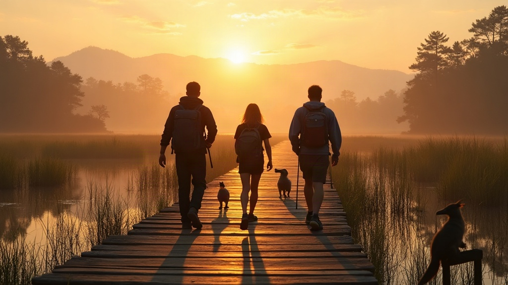 Caminantes recorriendo una pasarela de madera en un humedal con carpinchos y aves al atardecer