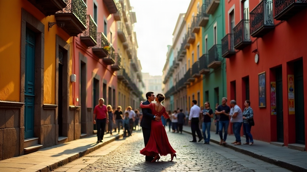Calle colorida del barrio de San Telmo en Buenos Aires con una pareja bailando tango