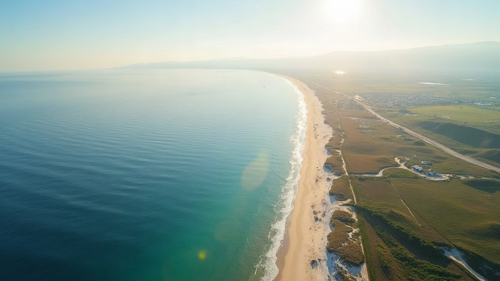 Vista aérea de la costa atlántica con playas, médanos y localidades balnearias