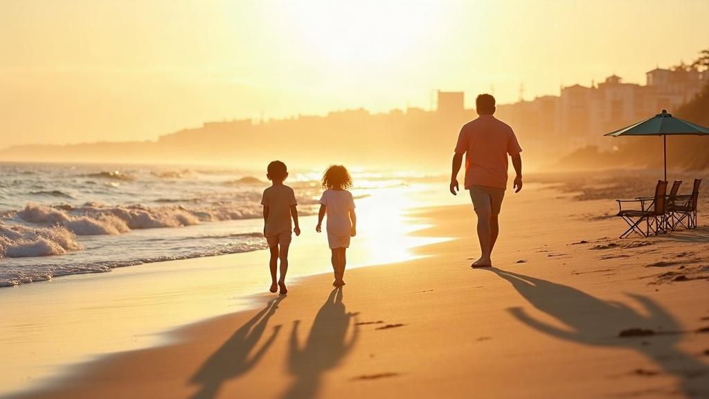 Familia caminando por una playa de la Costa Atlántica al atardecer