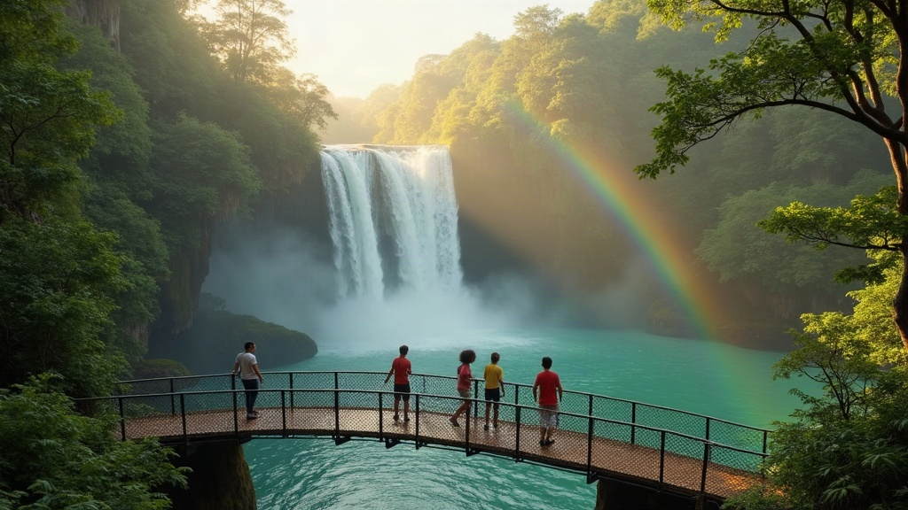 Familia recorriendo las pasarelas de las Cataratas del Iguazú entre la selva