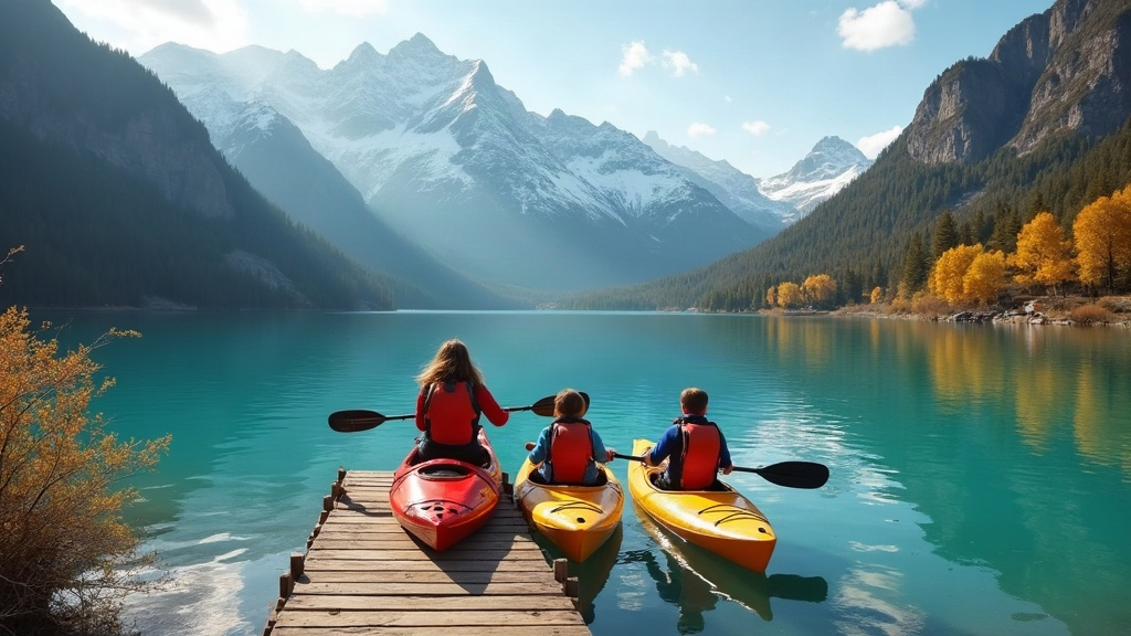 Familia remando en un lago de la Patagonia con montañas nevadas de fondo