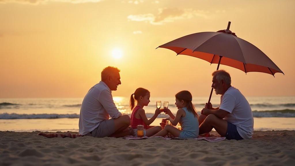 Tres generaciones de una familia de picnic en la playa al atardecer