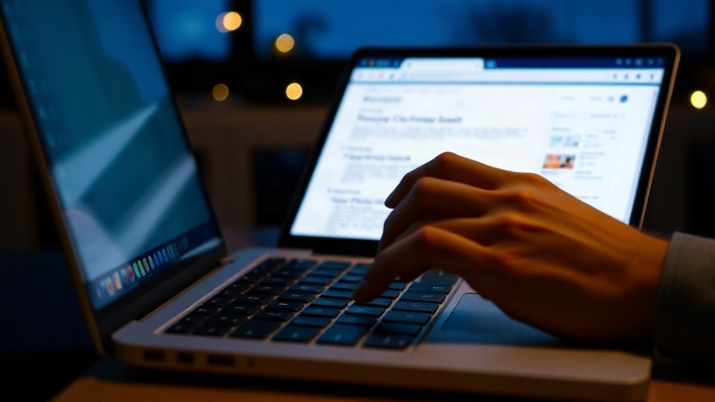 Persona escribiendo en una laptop de noche usando una herramienta de inteligencia artificial gratuita en el navegador
