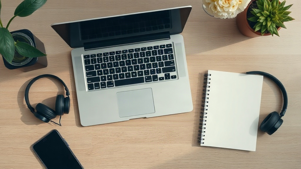 Escritorio con laptop, tablet y auriculares para trabajar con herramientas de inteligencia artificial gratuitas