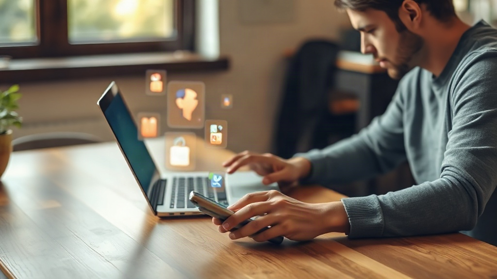 Persona usando herramientas de inteligencia artificial gratis en una laptop y un celular