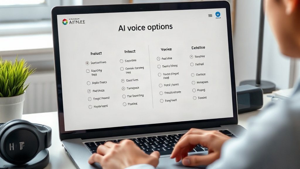 Persona comparando opciones de IA para generar voz desde una computadora con auriculares